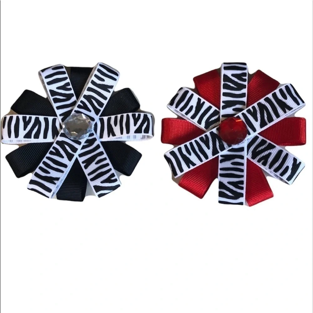 2/$15 Zebra Print Pinwheel Hair Bow Clips Set Red Black Girls Accessories